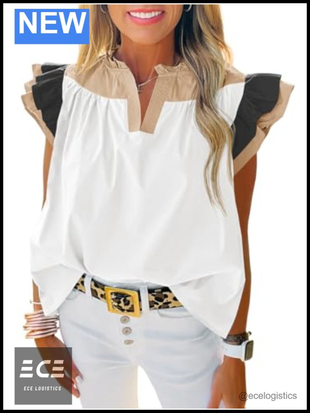 Womens 100% Cotton Color Block Ruffle Top Summer Puff Sleeve V Neck Blouse